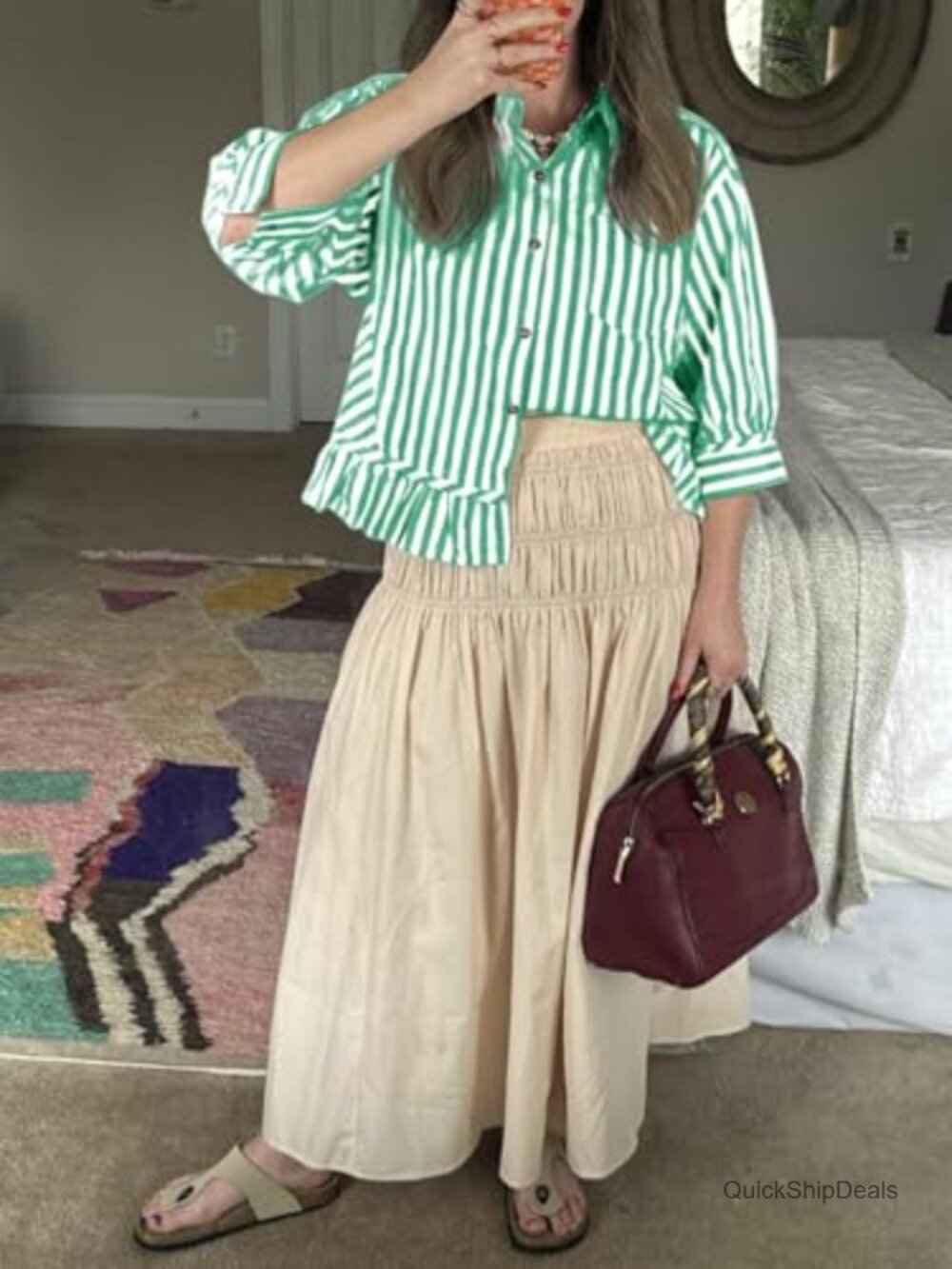 Cropped Striped Button Down Shirt Ruffle 3/4 Sleeve Blouse - Picture 3 of 7